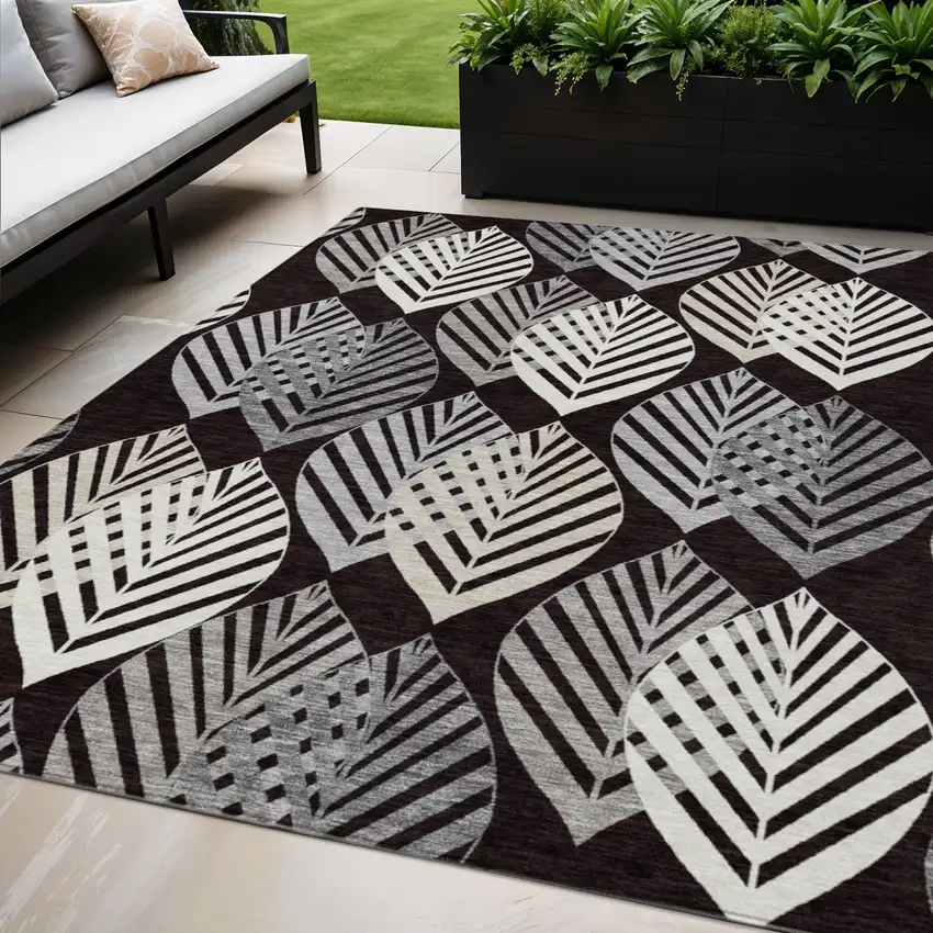 Black Silver And Charcoal Floral Washable Indoor Outdoor Area Rug Photo 1
