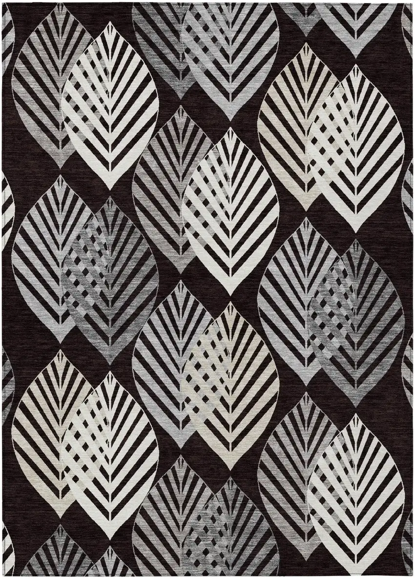 Black Silver And Charcoal Floral Washable Indoor Outdoor Area Rug Photo 1