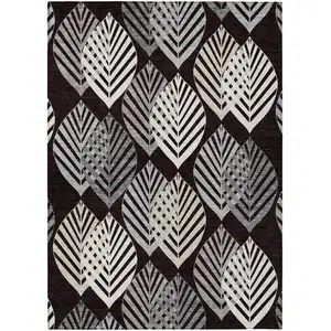 Photo of Black Silver And Charcoal Floral Washable Indoor Outdoor Area Rug