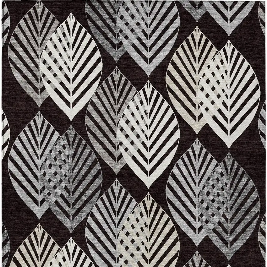 Black Silver And Charcoal Floral Washable Indoor Outdoor Area Rug Photo 5