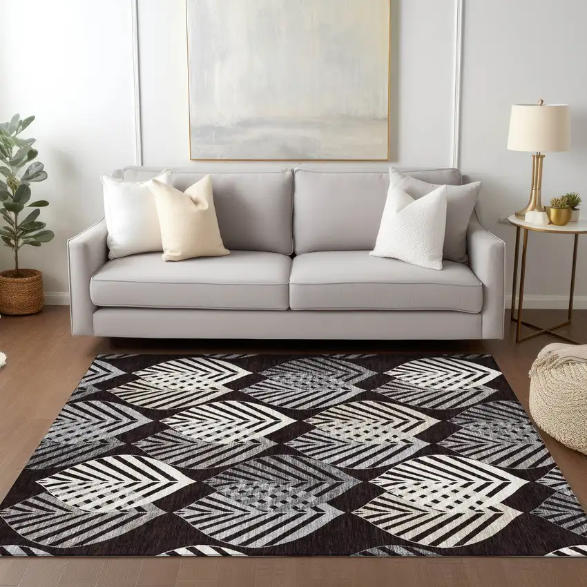 Black Silver And Charcoal Floral Washable Indoor Outdoor Area Rug Photo 9