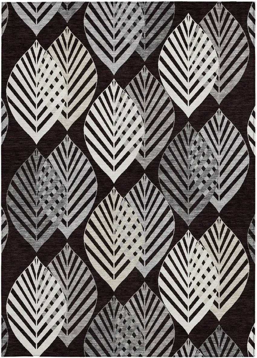 Black Silver And Charcoal Floral Washable Indoor Outdoor Area Rug Photo 7