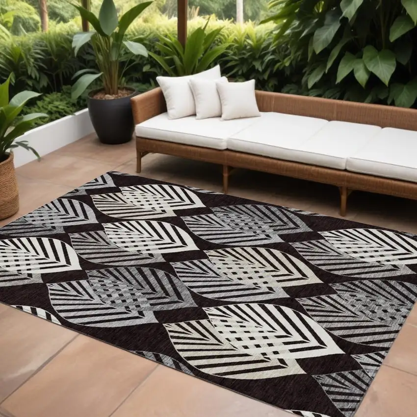 Black Silver And Charcoal Floral Washable Indoor Outdoor Area Rug Photo 1