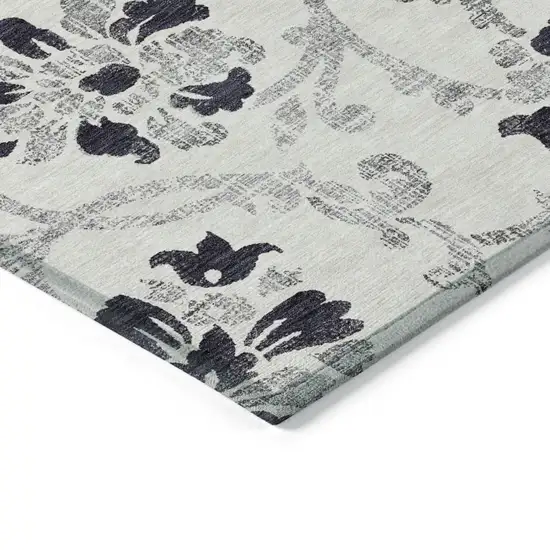 Black Silver And Charcoal Floral Washable Indoor Outdoor Area Rug Photo 3