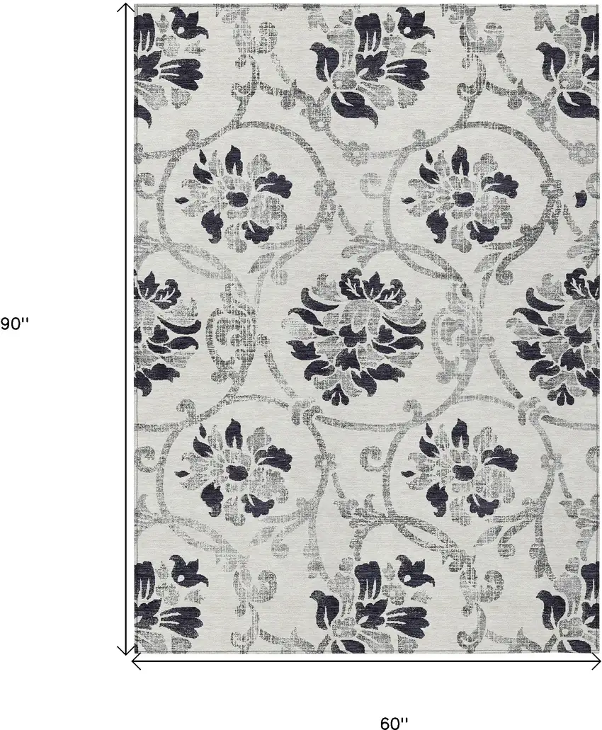 Black Silver And Charcoal Floral Washable Indoor Outdoor Area Rug Photo 3