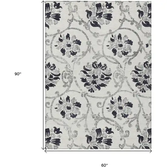 Black Silver And Charcoal Floral Washable Indoor Outdoor Area Rug Photo 3