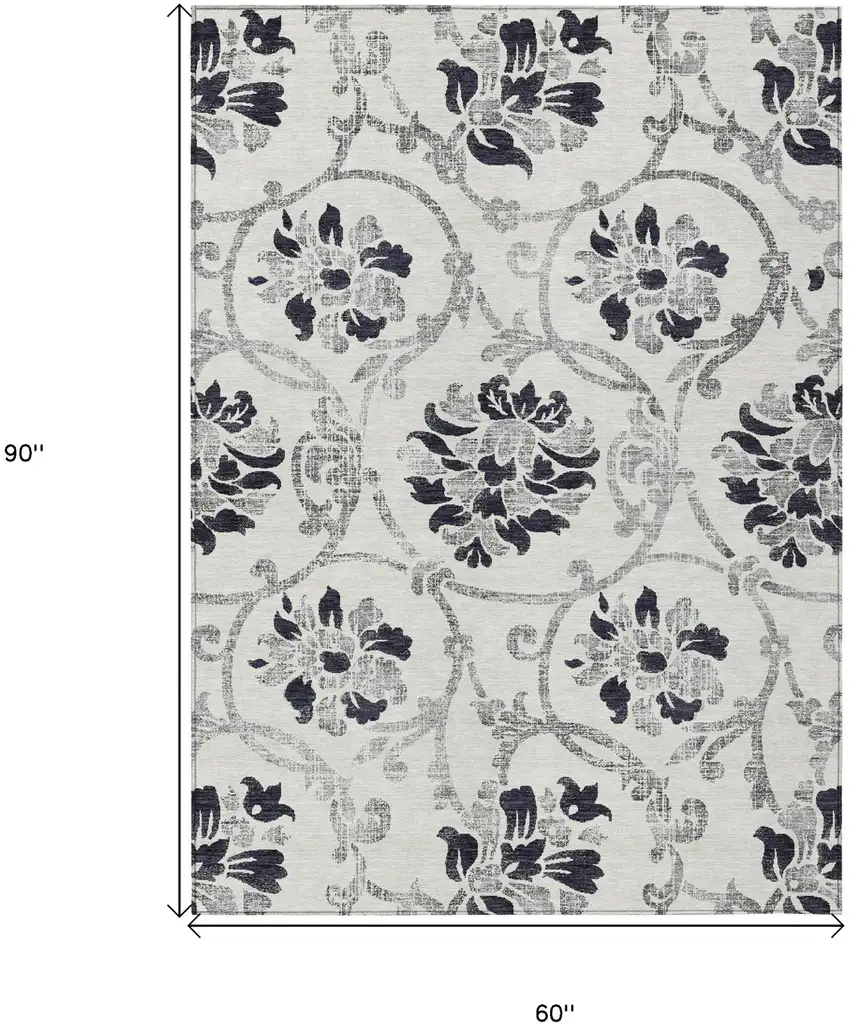 Black Silver And Charcoal Floral Washable Indoor Outdoor Area Rug Photo 3