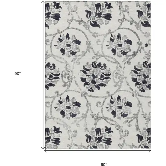 Black Silver And Charcoal Floral Washable Indoor Outdoor Area Rug Photo 3