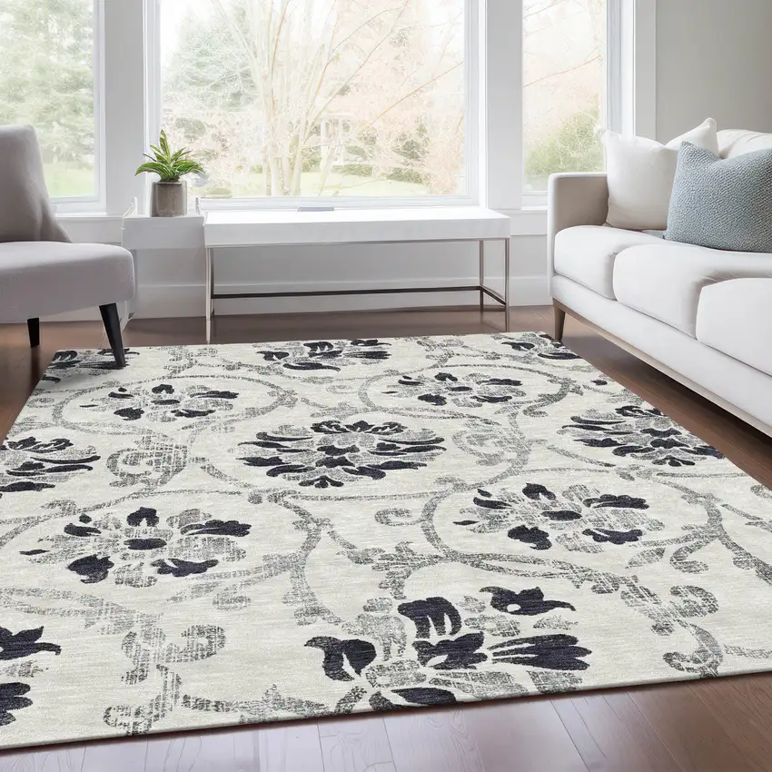 Black Silver And Charcoal Floral Washable Indoor Outdoor Area Rug Photo 7