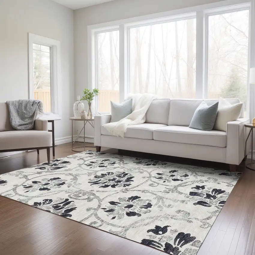 Black Silver And Charcoal Floral Washable Indoor Outdoor Area Rug Photo 8