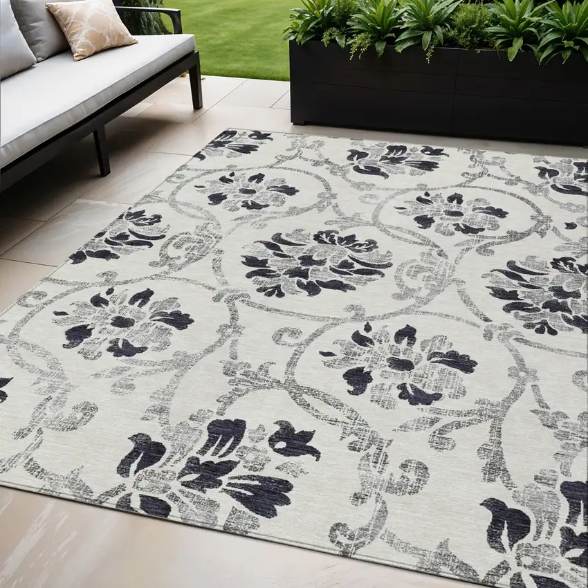 Black Silver And Charcoal Floral Washable Indoor Outdoor Area Rug Photo 1