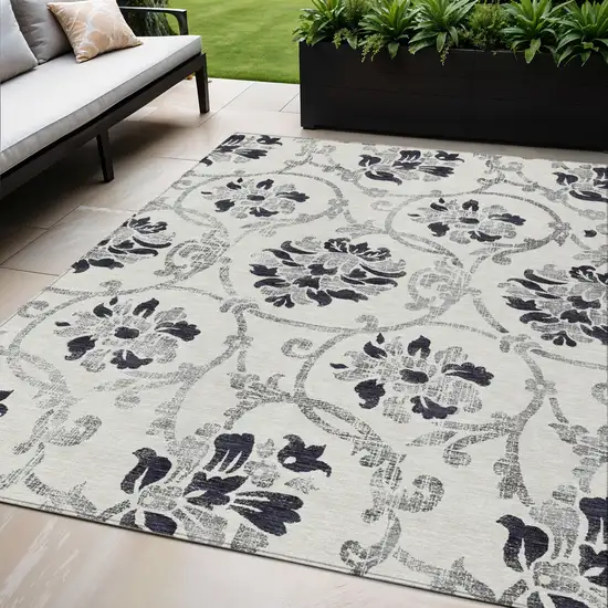 Black Silver And Charcoal Floral Washable Indoor Outdoor Area Rug Photo 1