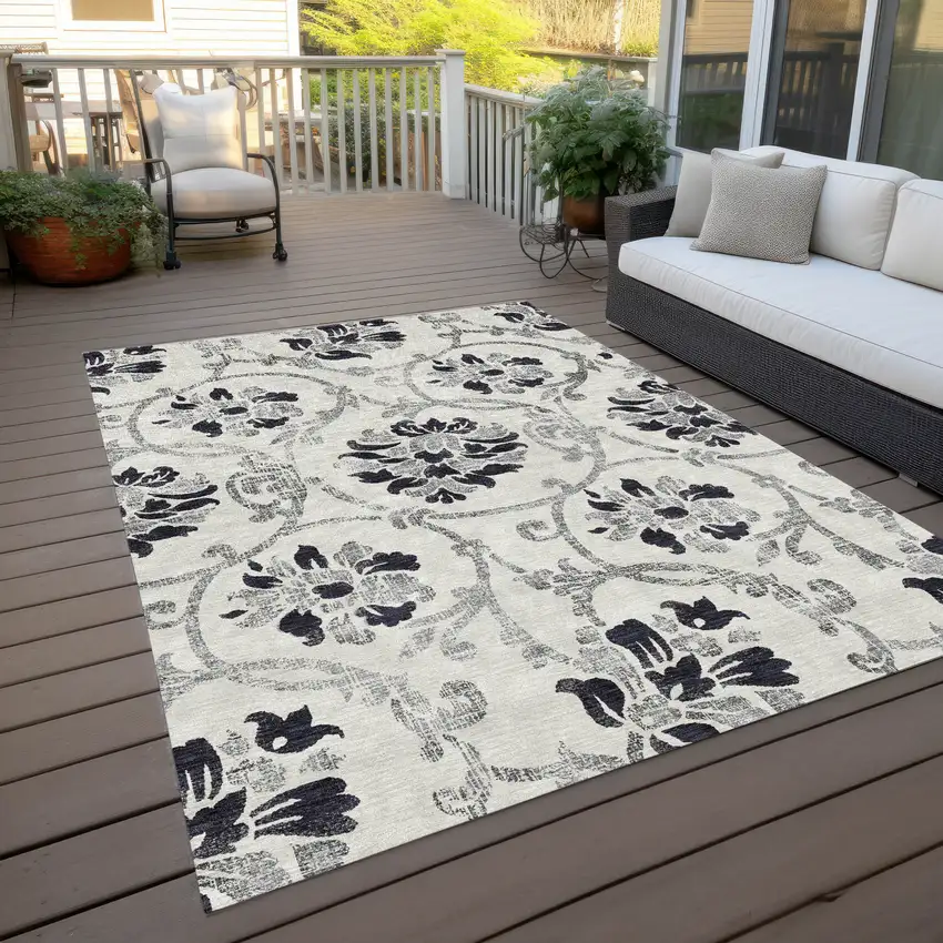 Black Silver And Charcoal Floral Washable Indoor Outdoor Area Rug Photo 9