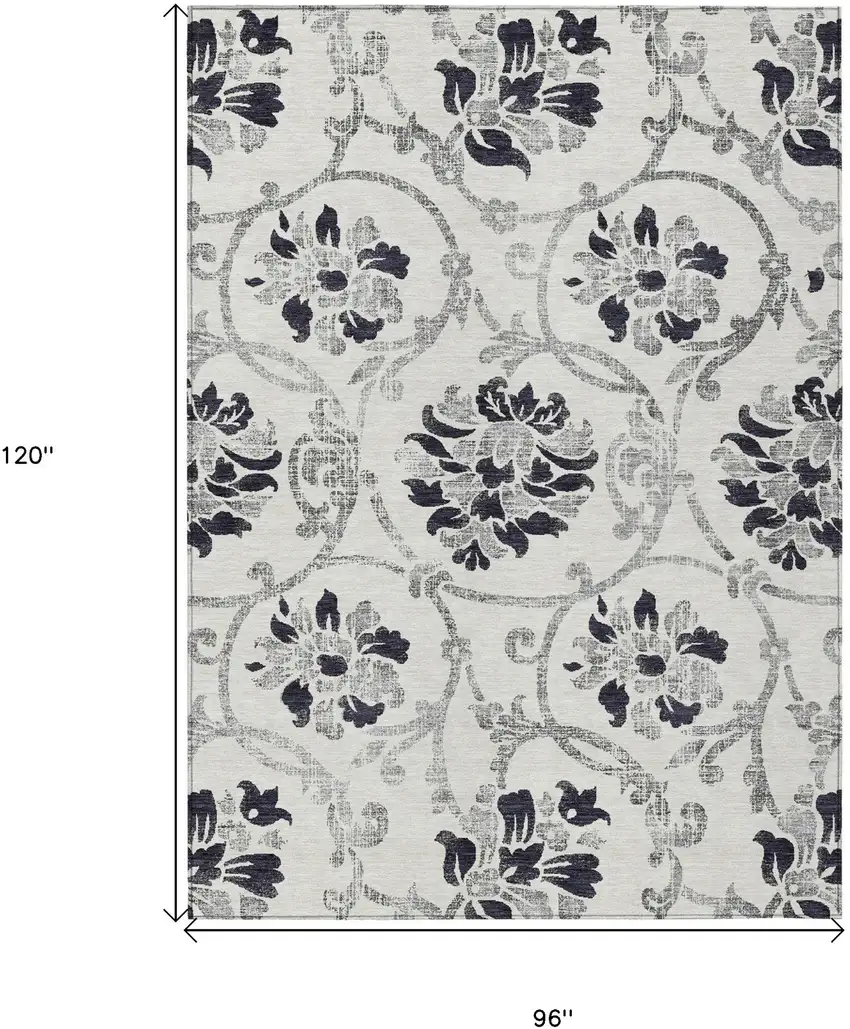 Black Silver And Charcoal Floral Washable Indoor Outdoor Area Rug Photo 3