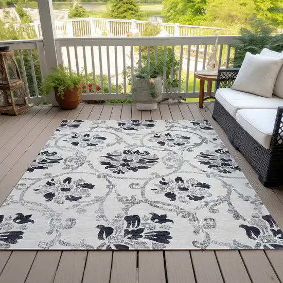 Black Silver And Charcoal Floral Washable Indoor Outdoor Area Rug Photo 6