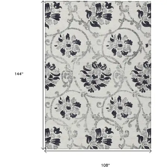 Black Silver And Charcoal Floral Washable Indoor Outdoor Area Rug Photo 3