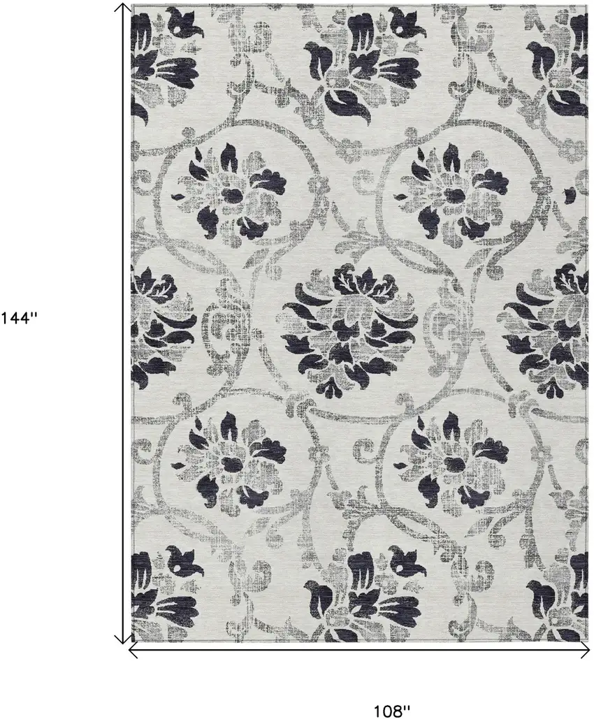 Black Silver And Charcoal Floral Washable Indoor Outdoor Area Rug Photo 3