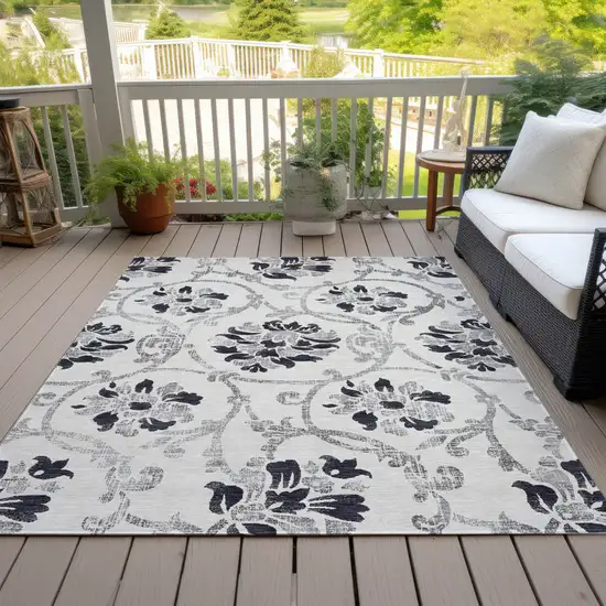Black Silver And Charcoal Floral Washable Indoor Outdoor Area Rug Photo 8