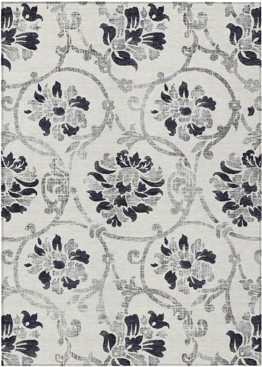 Black Silver And Charcoal Floral Washable Indoor Outdoor Area Rug Photo 1
