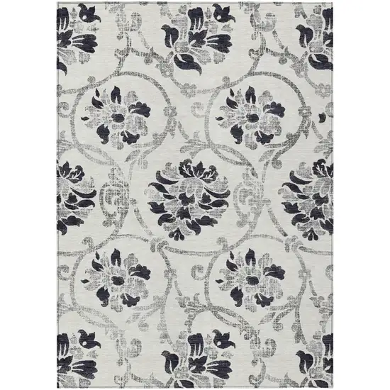 Black Silver And Charcoal Floral Washable Indoor Outdoor Area Rug Photo 1