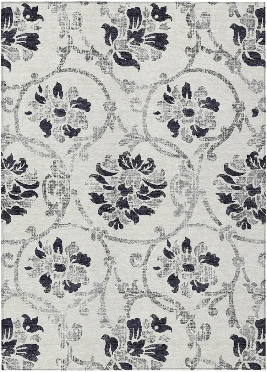 Black Silver And Charcoal Floral Washable Indoor Outdoor Area Rug Photo 1