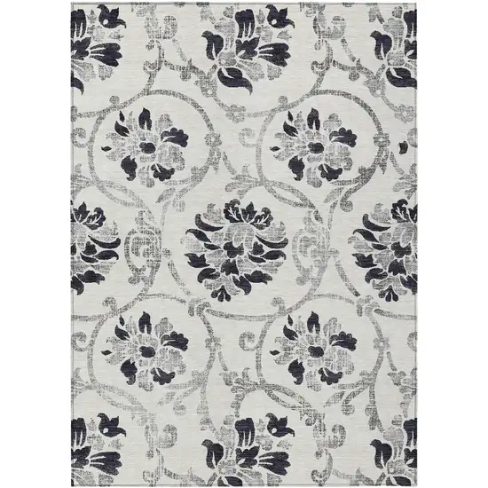 Black Silver And Charcoal Floral Washable Indoor Outdoor Area Rug Photo 1