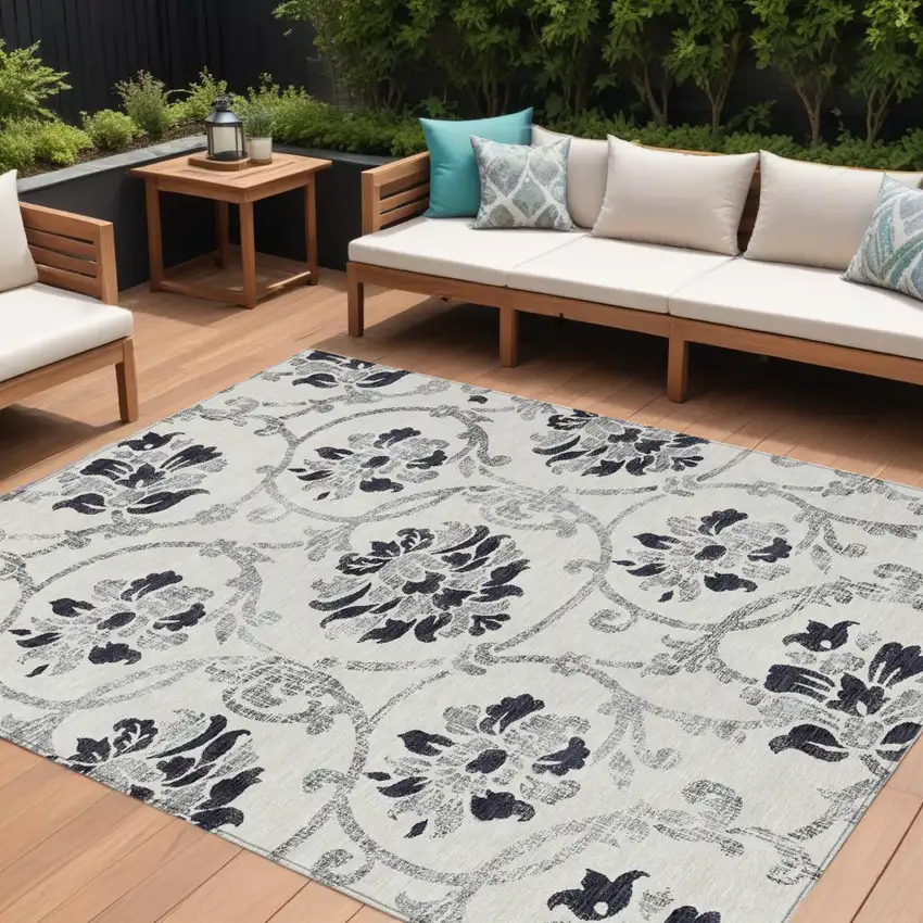 Black Silver And Charcoal Floral Washable Indoor Outdoor Area Rug Photo 1