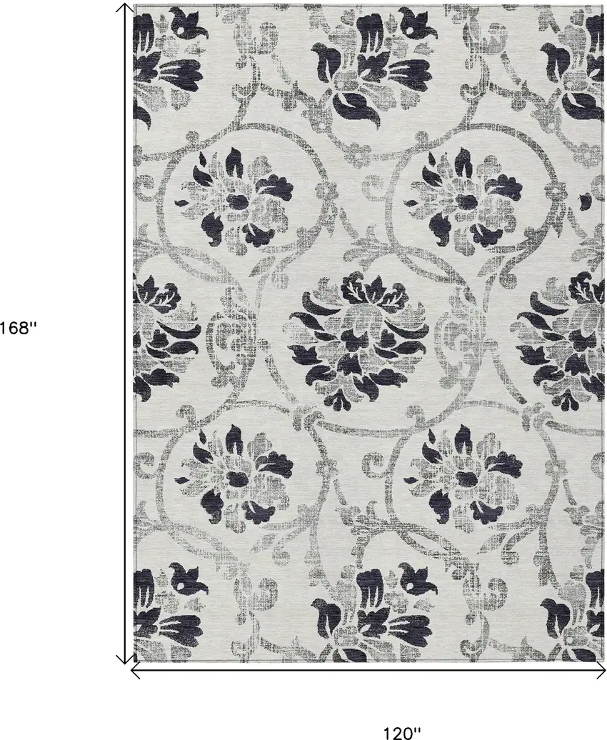 Black Silver And Charcoal Floral Washable Indoor Outdoor Area Rug Photo 3