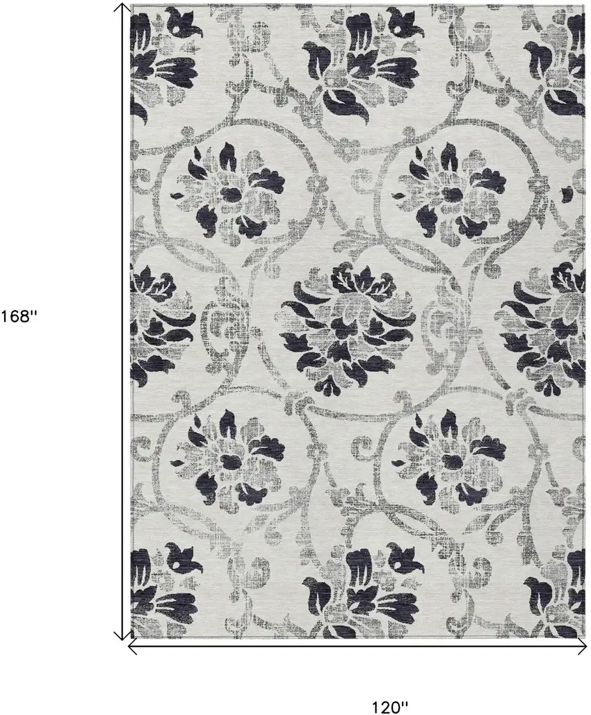 Black Silver And Charcoal Floral Washable Indoor Outdoor Area Rug Photo 3