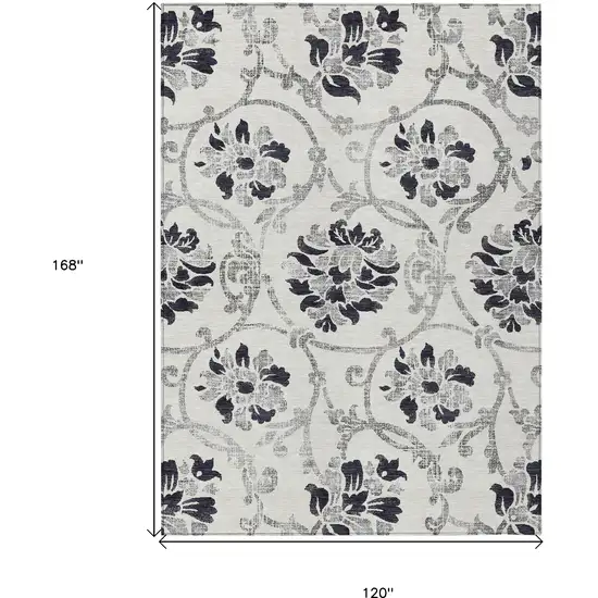 Black Silver And Charcoal Floral Washable Indoor Outdoor Area Rug Photo 3