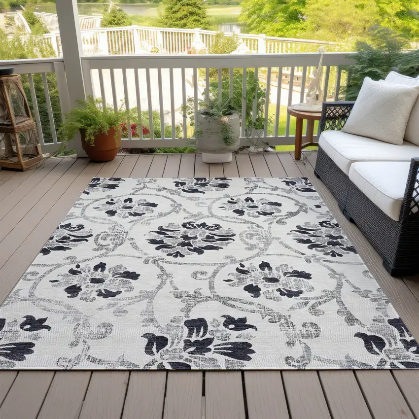 Black Silver And Charcoal Floral Washable Indoor Outdoor Area Rug Photo 8