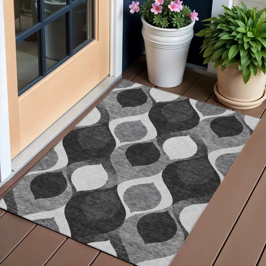 Black Silver And Charcoal Ogee Washable Indoor Outdoor Area Rug Photo 1