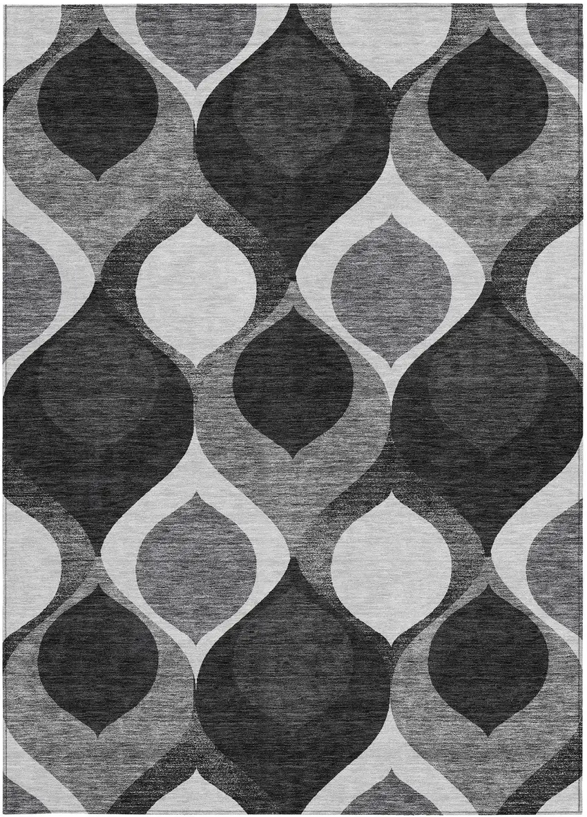Black Silver And Charcoal Ogee Washable Indoor Outdoor Area Rug Photo 5