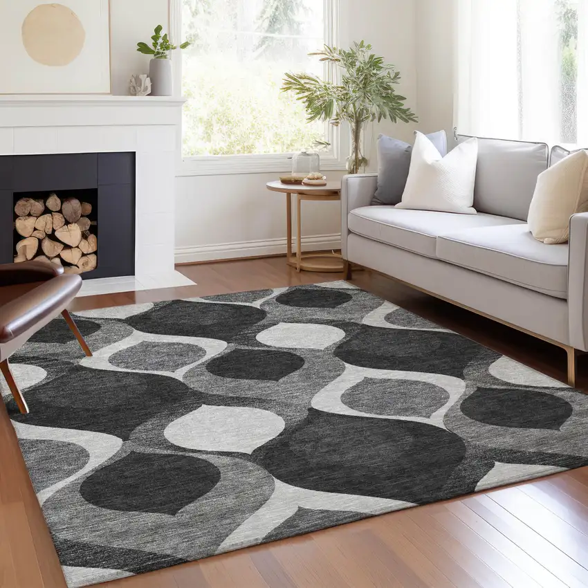 Black Silver And Charcoal Ogee Washable Indoor Outdoor Area Rug Photo 8