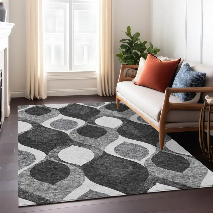 Black Silver And Charcoal Ogee Washable Indoor Outdoor Area Rug Photo 9