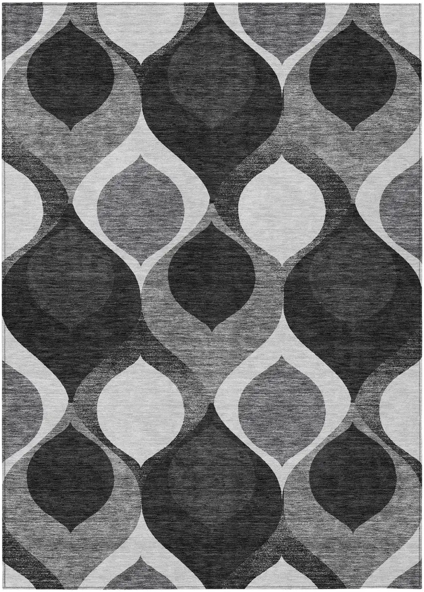 Black Silver And Charcoal Ogee Washable Indoor Outdoor Area Rug Photo 1