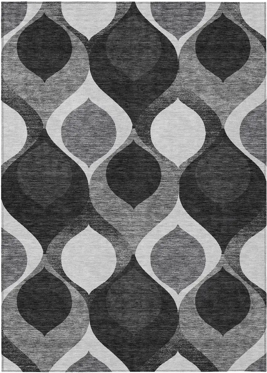 Black Silver And Charcoal Ogee Washable Indoor Outdoor Area Rug Photo 1