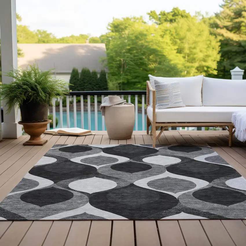 Black Silver And Charcoal Ogee Washable Indoor Outdoor Area Rug Photo 9