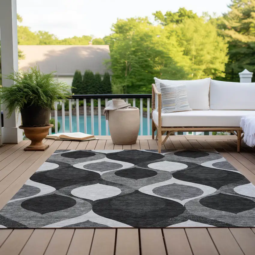 Black Silver And Charcoal Ogee Washable Indoor Outdoor Area Rug Photo 9