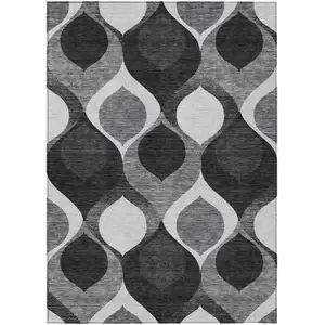 Photo of Black Silver And Charcoal Ogee Washable Indoor Outdoor Area Rug