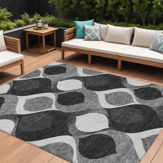 Black Silver And Charcoal Ogee Washable Indoor Outdoor Area Rug Photo 1