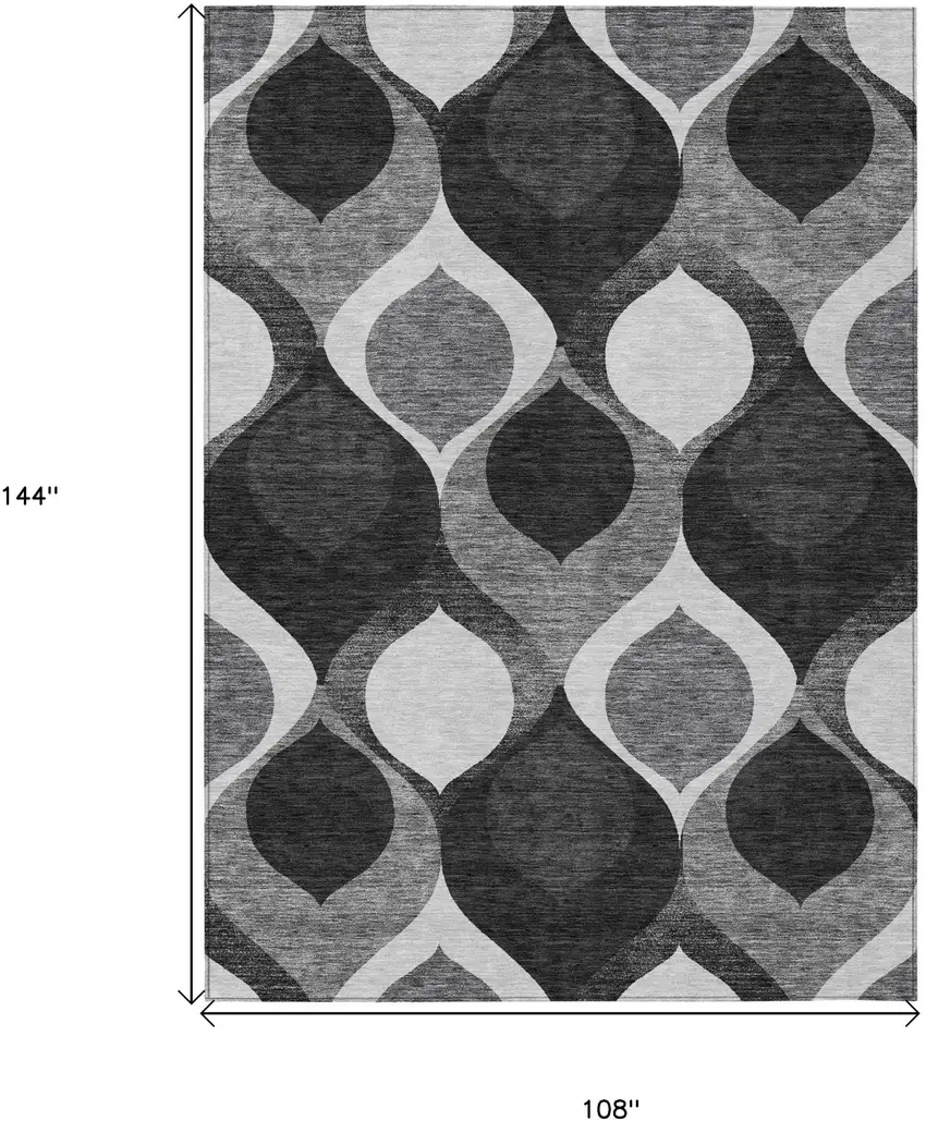 Black Silver And Charcoal Ogee Washable Indoor Outdoor Area Rug Photo 3