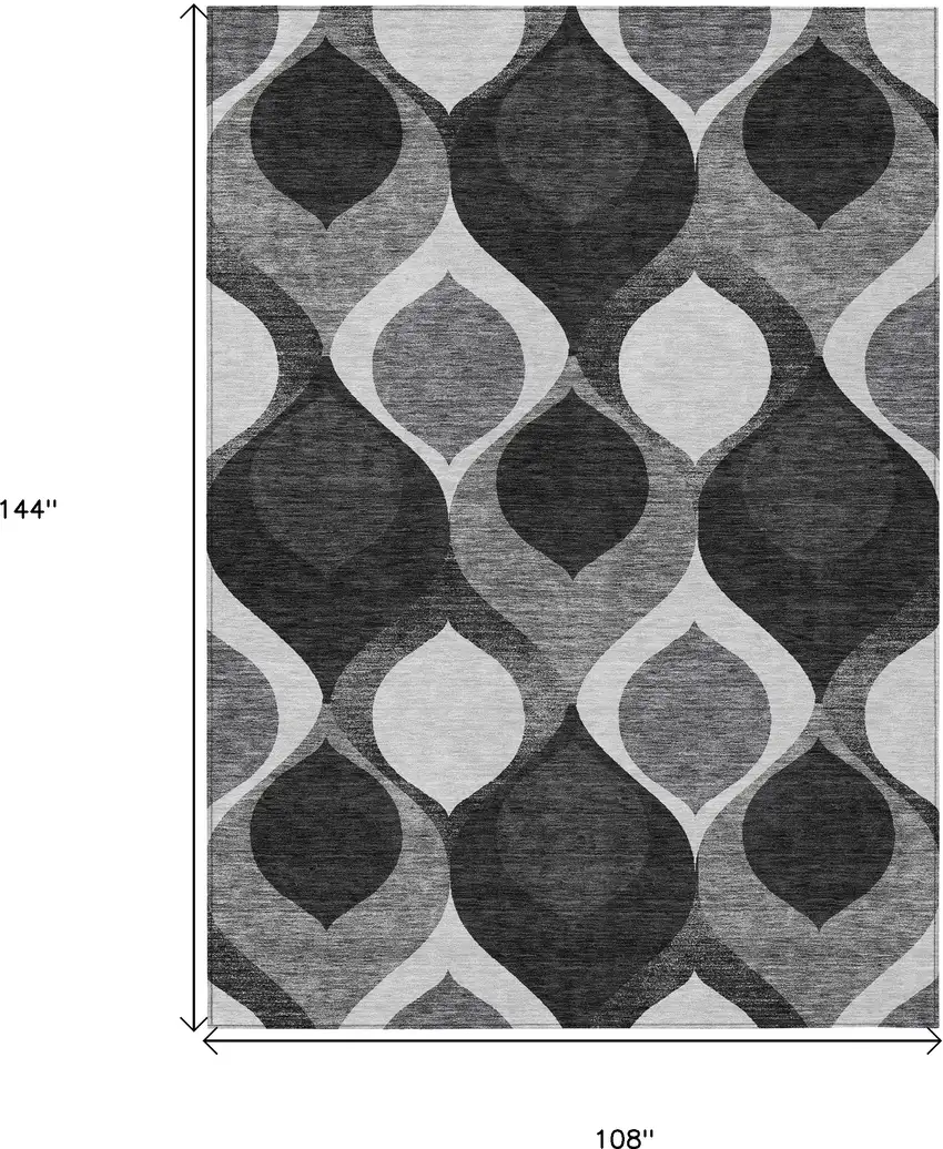 Black Silver And Charcoal Ogee Washable Indoor Outdoor Area Rug Photo 3