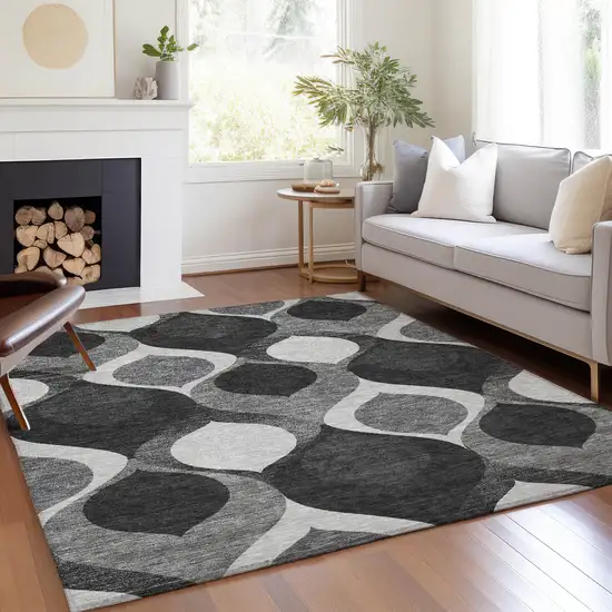 Black Silver And Charcoal Ogee Washable Indoor Outdoor Area Rug Photo 8