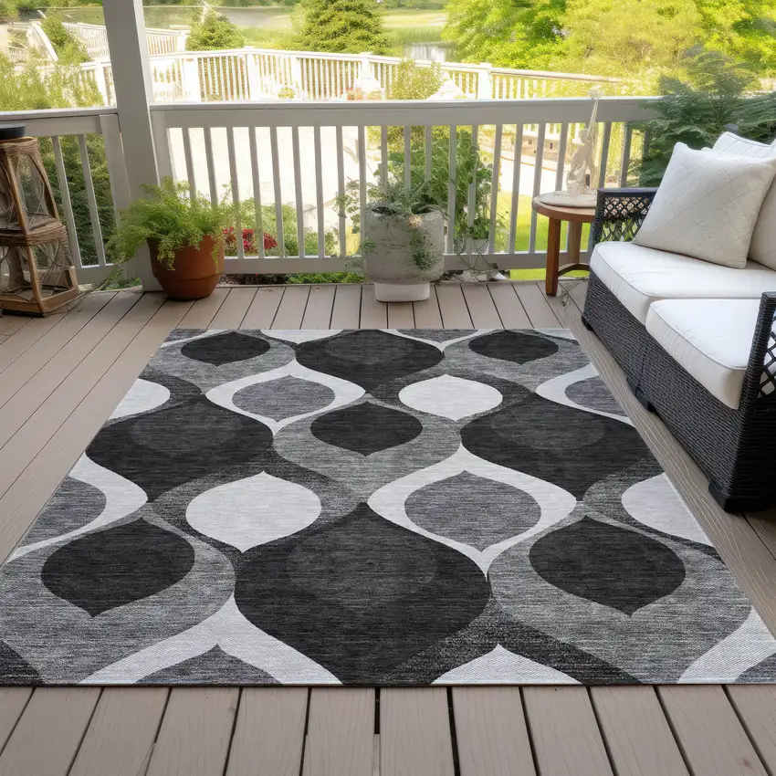 Black Silver And Charcoal Ogee Washable Indoor Outdoor Area Rug Photo 7