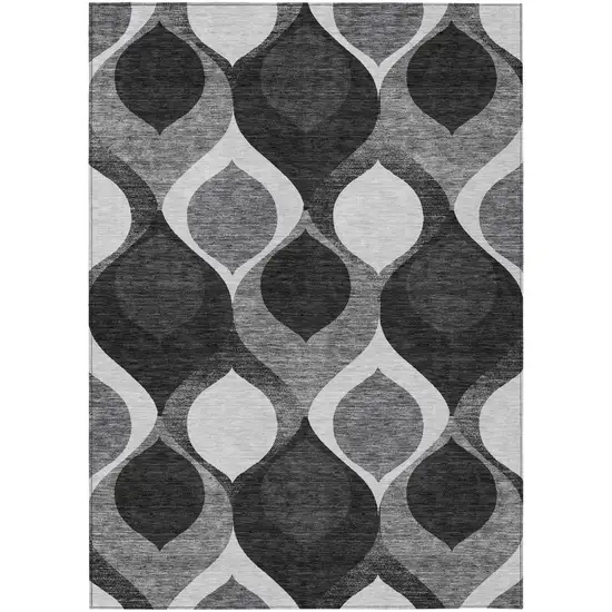 Black Silver And Charcoal Ogee Washable Indoor Outdoor Area Rug Photo 1