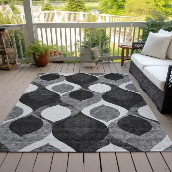 Black Silver And Charcoal Ogee Washable Indoor Outdoor Area Rug Photo 6