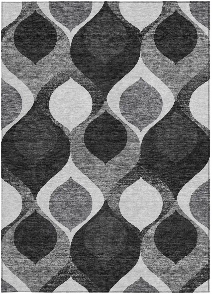 Black Silver And Charcoal Ogee Washable Indoor Outdoor Area Rug Photo 5
