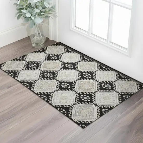 Black Silver And Gray Floral Washable Area Rug With UV Protection Photo 2