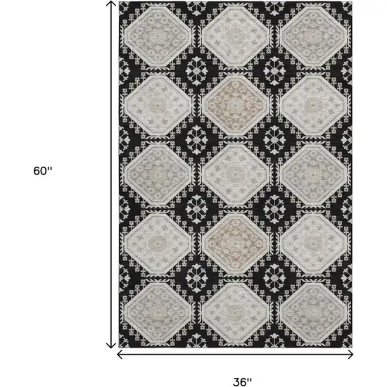 Black Silver And Gray Floral Washable Area Rug With UV Protection Photo 3
